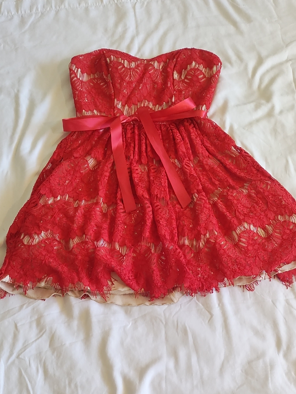 B Darlin Red Strapless Lace Party Dress with Satin Waist Tie